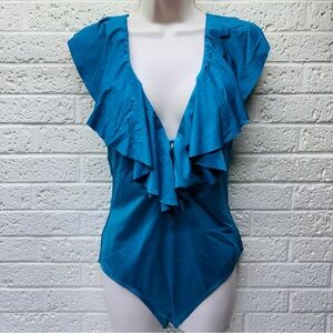 JANTZEN Sz 10 Turquoise Blue One-Piece Bathing Suit Ruffle Front • VGUC‼